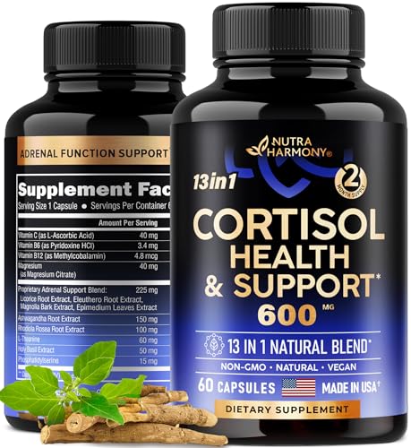 Cortisol Supplement - 13-in-1 Hormone Balance for Women 600 mg - Made in USA Supplement - Mood, Focus, Sleep Support - Vegan, Non-GMO, Natural Pills - 60 Capsules, 2 Month Supply