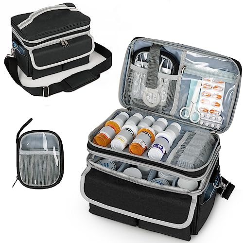 LEIKOLL Medicine Storage Bag, Pill Bottle Organizer with Shoulder Strap, Travel Medicine Organizer Box, First Aid Kit with Portable Small Bag, Medication Bottle Organizer Empty Black