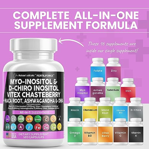 Myo-Inositol & D-Chiro Inositol 2050mg Fertility Supplement 40:1 Ratio - Prenatal Vitamins for Women with Ashwagandha 3000mg Maca Root 12,000mg Vitex Chasteberry Iron DHA Folic Acid DIM Zinc, USA Made