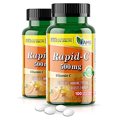 America Medic & Science Rapid-C 500mg Vitamin C Supplement (2 Pack of 100 Tablets) Energy Booster, Daily Immune System Support, Antioxidant | Vegan, Non-GMO Coated Ascorbic Acid for Adult Men & Women