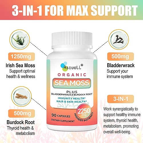 Ascuoli Organic Sea Moss 2250mg, Seamoss, Bladderwrack & Burdock Root, Sea Moss Capsules, Wild Irish Sea Moss for Immune Health, Mood Booster, Thyroid, Skin, Nails & Joint Health - 90 Vegan Capsules