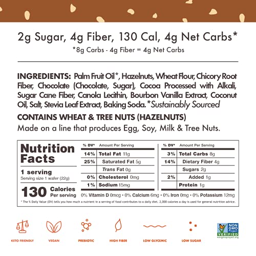 Rip Van Chocolate Hazelnut Wafer Cookies - Keto - Non-GMO - Healthy Snacks - Low Carb & Low Sugar (2g) - Low Calorie - Vegan - 16 Count