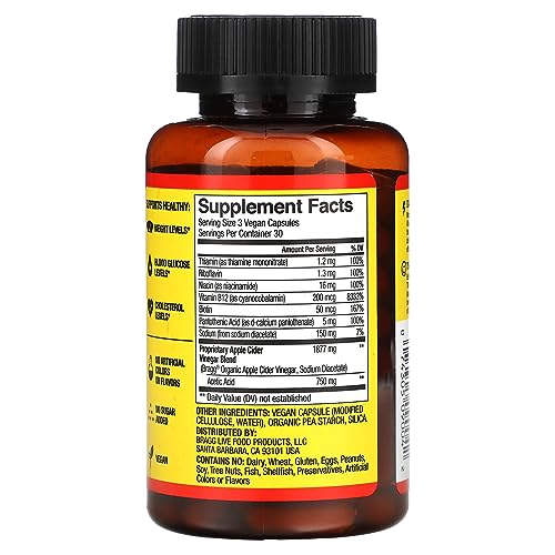 Bragg Apple Cider Vinegar True Energy Capsules – 6 B Vitamins – Caffeine Free - 750mg of Acetic Acid – Weight Management - Non-GMO, Vegan, Gluten Free, No Sugar - (90 Pills)… (1)