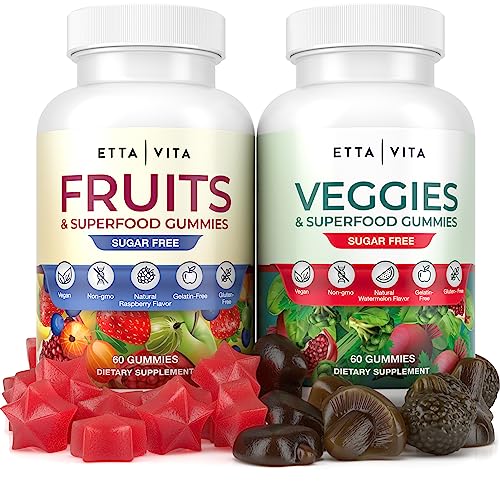 Sugar-Free Fruits and Veggies Gummies - Superfood Fruit and Vegetable Supplement (120 Chews), 16 Superfruits & 8-Blend Veggies, Fruit & Herbs, Fruit and Vegetable Vitamins, Pectin-Based, Gluten-Free
