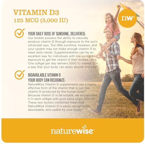 NatureWise Vitamin D3 5000iu (125 mcg) 1 Year Supply for Healthy Muscle Function, and Immune Support, Non-GMO, Gluten Free in Cold-Pressed Olive Oil, Packaging Vary ( Mini Softgel), 360 Count