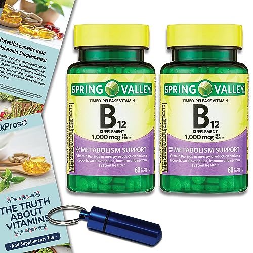 Spring Valley Timed-Release Vitamin B12 Tablets, 1,000 mcg, 60 Count 2 Pack Bundle (120 Count Total) - Includes Vitamin Guide and Pill Container (4 Items)!