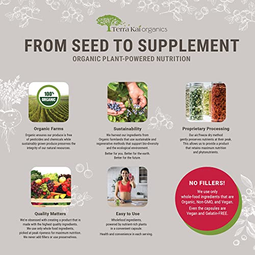 TERRA KAI ORGANICS Organic Super Fruit & Veggies Supplement Gluten/Gelatin Free, Non GMO, Soy Free & Vegan | Reds & Greens Superfood Capsules | 23 Fruits & 16 Vegetables (180 Count) (Fruit & Veggies)