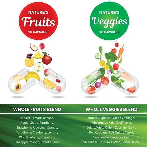 Superfood 180 Fruit and 180 Veggie Capsules -100% Whole Natural Superfood - Balance Energy Levels, High Lycopene - Grown and Made in The USA (90 Count (Pack of 4)