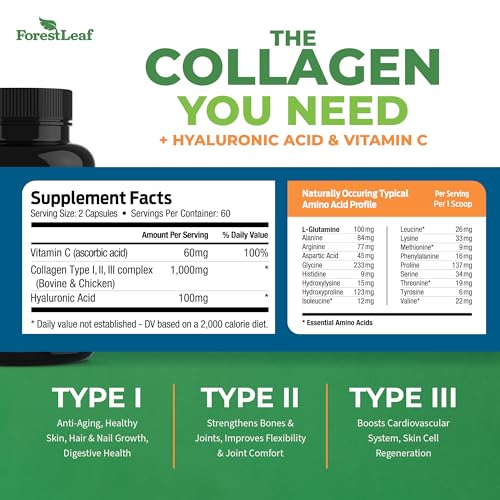 ForestLeaf Multi Collagen Pills with Hyaluronic Acid + Vitamin C | Hydrolyzed Collagen Supplements for Women or Men | Multi Collagen Capsules Peptides for Skin, Wrinkles, Weight Management, 240