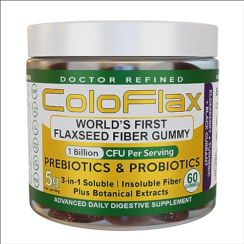 ColoFlax Flaxseed Chewable Gummy Supplement - Flaxseed Extract Chews High in Dietary Fiber, Lignans, Omega-3, Probiotics, Prebiotic, Gluten Free - Flax Seed Relief for Stomach Pain, Constipation