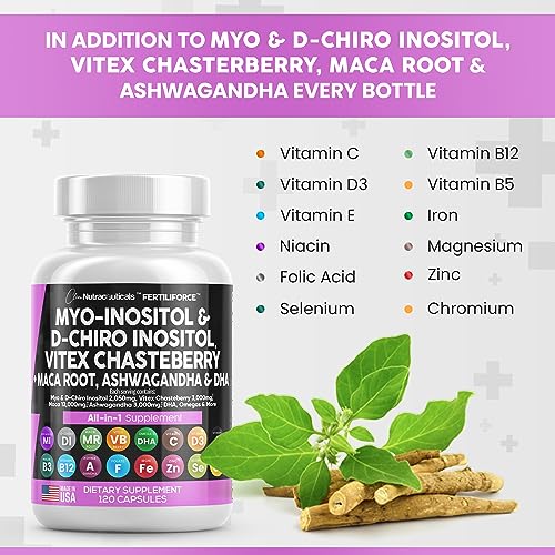 Myo-Inositol & D-Chiro Inositol 2050mg Fertility Supplement 40:1 Ratio - Prenatal Vitamins for Women with Ashwagandha 3000mg Maca Root 12,000mg Vitex Chasteberry Iron DHA Folic Acid DIM Zinc, USA Made