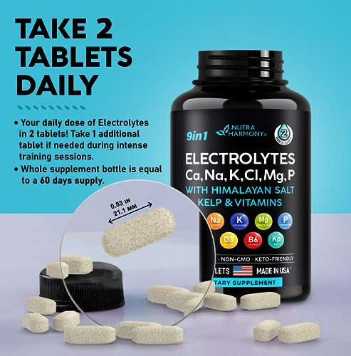 Electrolytes - Salt Pills with Magnesium, Potassium Chloride, Sodium, Vitamins D & B6, Kelp Powder - Electrolyte Supplements - Made in USA - Oral Tablets as Capsules - Vegan & Keto Friendly - 120 Tabs