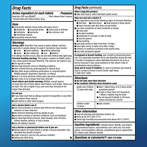 Amazon Basic Care Ibuprofen Tablets 200 mg, Pain Reliever/Fever Reducer, Body Aches, Headache, Arthritis Pain Relief and More, 500 Count