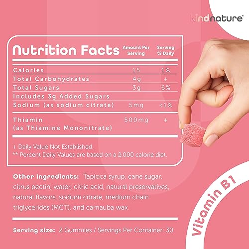 Kind Nature Vitamin B1 Gummies - Chewable Thiamine 500mg per Serving - Formulated for B1 Vitamin Deficiency - Non GMO, Vegan, Natural Strawberry Flavor Thiamine B1 Supplement for Adults & Kids