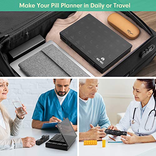 XL Pill Organizer 4 Times a Day,BUG HULL Large Weekly Pill Box for Travelling, Portable Pill Cases 7 Day pill Container Removable Daily Medicine Organizer for Cod-liver oil,Vitamins,Supplements(Black)