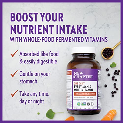 New Chapter Men's Multivitamin for Immune, Stress, Heart + Energy Support with 20 Fermented Nutrients - Every Man's One Daily, Gentle on The Stomach - 72 ct