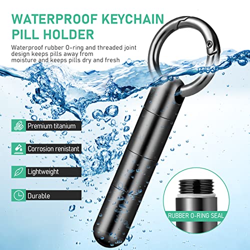 TISUR Keychain Pill Holder,Titanium Pill Case Small Pill Organizer Waterproof Pill Box, EDC Pill Container Metal Tube Outdoor Camping Travel for Men Women (Tiny Pill Case Black Extended)