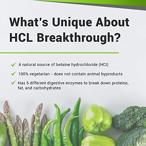 BiOptimizers HCL Breakthrough - Betaine Hydrochloride Enzymes Supplement - Assists with Protein Breakdown and Absorption - Helps Gas and Heartburn Relief - 90 Pepsin-Free Capsules
