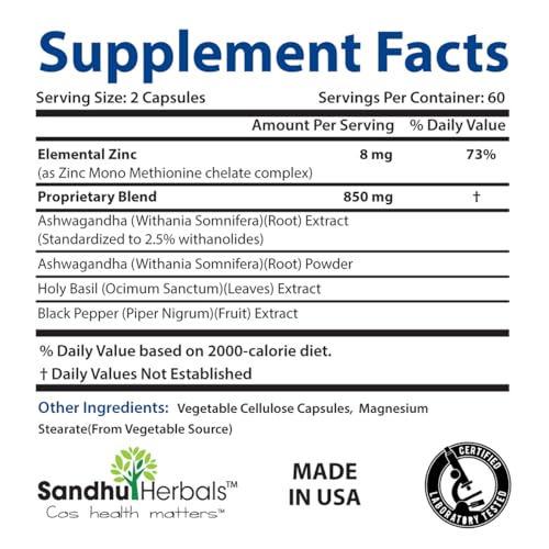 SANDHUHERBALS Ashwagandha Supplement|120 Organic 4 in 1 Capsules, 2 months supply|8000mg with Zinc, Black Pepper and Holy Basil Extract|Stress Relief, Mood, Immune & Energy Support|Non-GMO,Made in USA