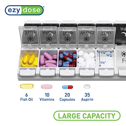 EZY DOSE Push Button (7-Day) Pill Case, Medicine Planner, Vitamin Organizer, 2 Times a Day AM/PM, Removeabale Trays, Large Compartments, Arthritis Friendly, Black and White Lids