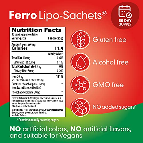 Ferro Lipo-Sachets Liposomal Gel Liquid Iron Supplement - Women & Men Iron Supplement. 30 Pack Gentle Non GMO Liquid Iron Supplements for Energy, Tiredness, Immune Support for Dietary Iron Deficiency