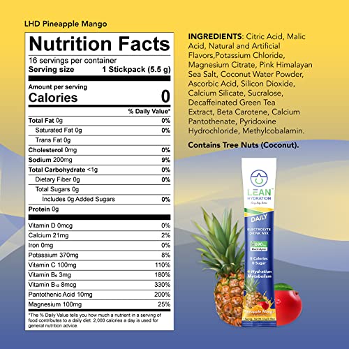 LEAN Hydration Daily Electrolyte Hydration Packets Drink Mix | Hydrate – Metabolize – Energize | Zero Calories, Zero Sugar plus Vitamins, Minerals & Green Tea Extract | 16 ct (Pineapple Mango)