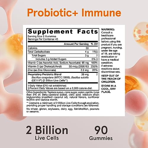Jarrow Formulas Probiotic + Immune 2 Billion CFU With 2 Clinically-Studied Strains, Vitamins C, D & Zinc, Dietary Supplement for Digestive and Immune Support, 90 Orange-Flavored Gummies, 45 Day Supply