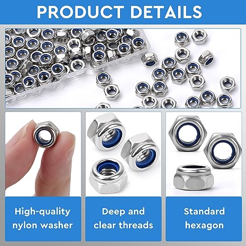 KUANSTORE 100Pcs M6 x 1.0mm Nylon Inserted Hex Lock Nuts Stainless Steel Silver DIN985 Self - Locking Nylon Lock Nuts Plain Finish for Industrial Construction Fasteners – Locknuts - M6 Hardware Nuts