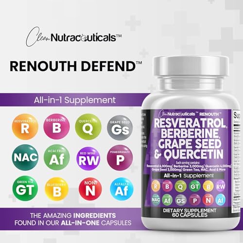 Resveratrol 6000mg Berberine 3000mg Grape Seed Extract 3000mg Quercetin 4000mg Green Tea Extract - Polyphenol Supplement for Women and Men with N-Acetyl Cysteine, Acai Extract - 60 Capsules
