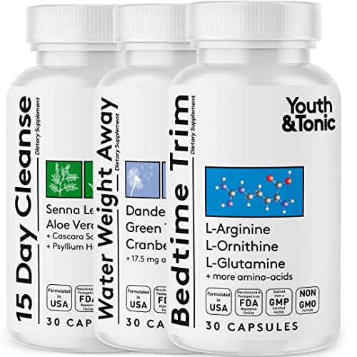 Youth & Tonic Sculpt Lean Cleanse 3 x Diet Pills w/Bedtime Trim & Water Weight Away & 15 Day Cleanser as Support for Protein Metabolism Energy Water Retention Loss & Belly Bloating for Women & Men