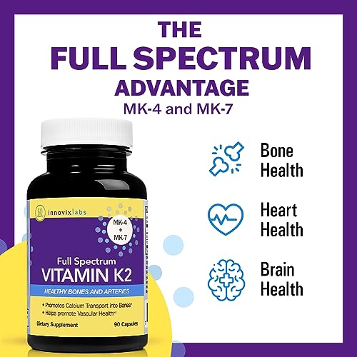 InnovixLabs Full Spectrum Vitamin K2 with MK-7 and MK-4, All-Trans Bioactive K2, 600 mcg K2 per Pill, Soy & Gluten Free, Non-GMO, 90 Capsules, Supports Healthy Bones & Arteries