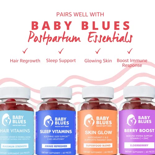 Baby Blues Apple Cider Vinegar Gummies - Vegan, Non-GMO & Gluten-Free, Postpartum Dietary Supplement with Both Vitamin B-6 & B12, 60 Pieces per Bottle