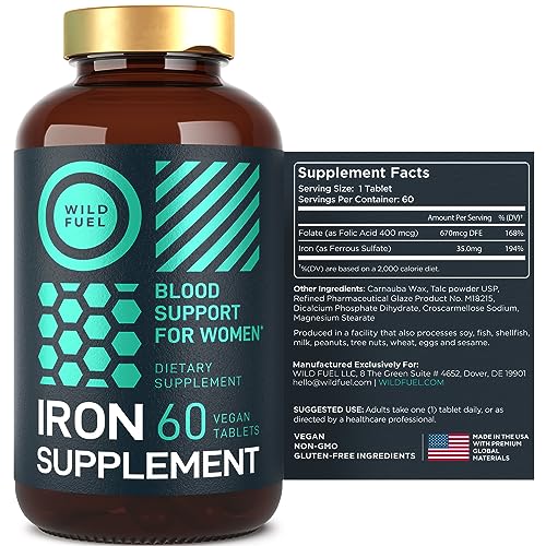 Iron Supplement for Women with Folic Acid - 194% Daily Iron Vitamins Ferrous Sulfate, 168% Folate Folic Acid - Iron Pills for Women with Anemia and Pregnant Women - 60 Gluten-Free, Vegan Iron Tablets
