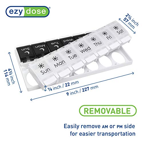 EZY DOSE Push Button (7-Day) Pill Case, Medicine Planner, Vitamin Organizer, 2 Times a Day AM/PM, Removeabale Trays, Large Compartments, Arthritis Friendly, Black and White Lids