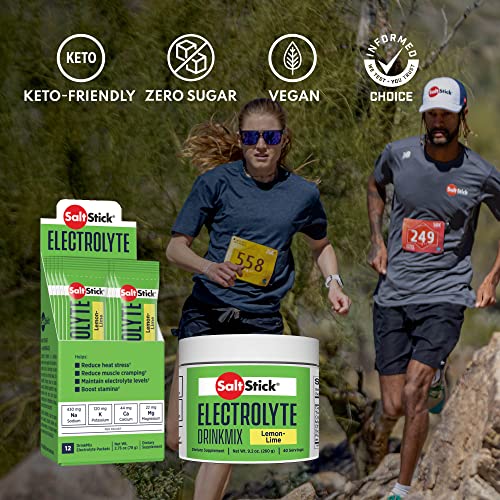 SaltStick DrinkMix Electorlyte Powder No Sugar - Lemon Lime - Sugar Free Electrolyte Drink Mix for Hydration, Sports Recovery - Keto Friendly, Non GMO, No Artificial Sweeteners, Vegan - 12 Packets