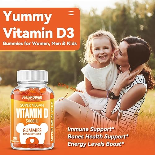 VEGEPOWER Vegan Vitamin D3 Gummies 5000 IU (125mcg) - 90 Count | for Immune Support, Bone Health, Energy Levels Boost, Non-GMO, Gluten Free, Vitamin D Supplement for Adults & Kids (Strawberry)