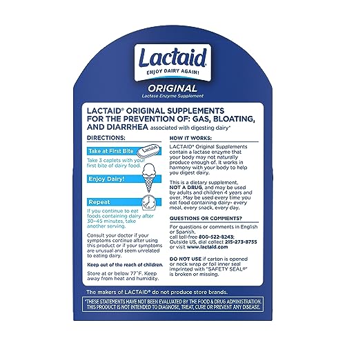 Lactaid Original Strength Lactose Intolerance Relief Caplets with Natural Lactase Enzyme, Dietary Supplement to Help Prevent Gas, Bloating & Diarrhea Due to Lactose Sensitivity, 120 ct
