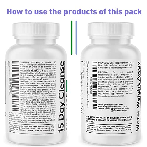 Youth & Tonic Water & Waste Away Pills for Belly Bloating and Swelling for a Thin Waistline & Slender Body as 2X Diet Support Supplements/Water Weigh Away + 15 Day Colon Cleanse 60 + 30 Capsules