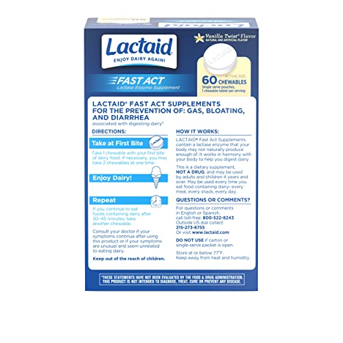 Lactaid Fast Act Lactose Intolerance Chewables with Lactase Enzymes, Vanilla, 60 Count (Pack of 1)