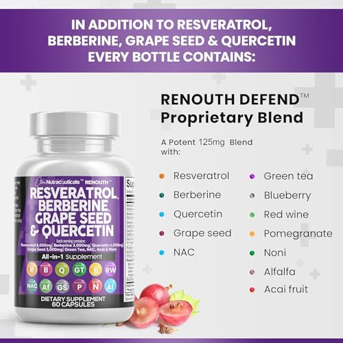 Resveratrol 6000mg Berberine 3000mg Grape Seed Extract 3000mg Quercetin 4000mg Green Tea Extract - Polyphenol Supplement for Women and Men with N-Acetyl Cysteine, Acai Extract - 60 Capsules