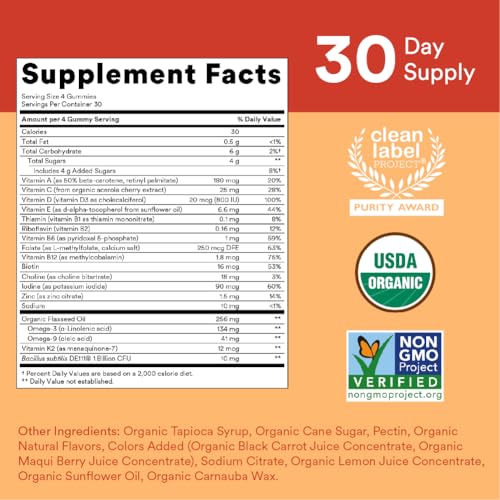 SmartyPants Organic Kids Multivitamin Gummies: Probiotics, Omega 3 (ALA), Vitamin D3, C, Vitamin B12, B6, Vitamin A, K & Zinc for Immune Support, Three Fruit Flavors, 120 Count (30 Day Supply)