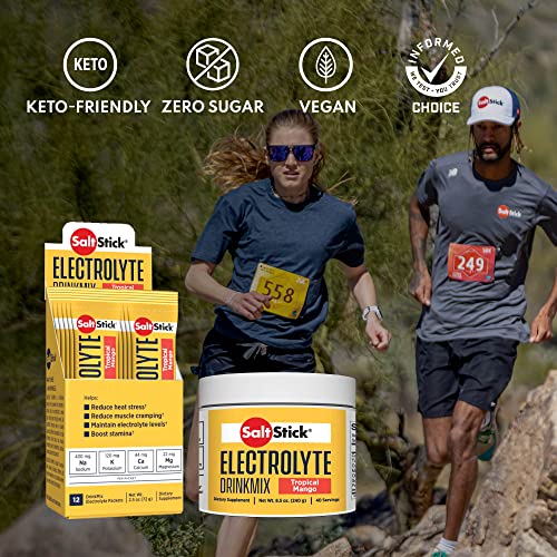 SaltStick DrinkMix Electorlyte Powder No Sugar - Tropical Mango - Sugar Free Electrolyte Drink Mix for Hydration, Sports Recovery - Keto Friendly, No Artificial Sweeteners, Vegan - 12 Packets