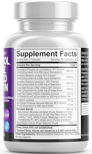 Resveratrol 6000mg Berberine 3000mg Grape Seed Extract 3000mg Quercetin 4000mg Green Tea Extract - Polyphenol Supplement for Women and Men with N-Acetyl Cysteine, Acai Extract - 60 Capsules