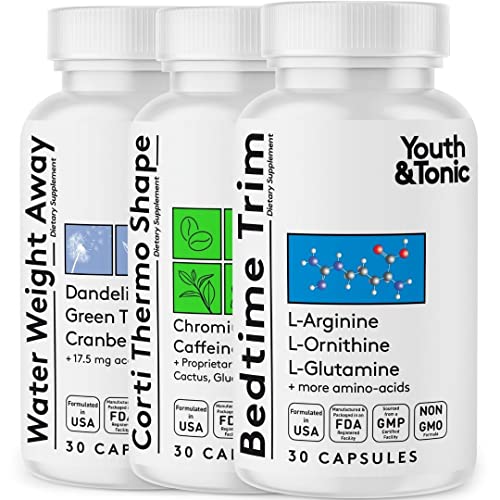 Youth & Tonic Shred Sculpt Lean 3 x Diet Pills w Water Weight Away & Cortithermo Shape & Bedtime Trim as Support for Metabolism Energy Cravings Water Retention Loss & Belly Bloating for Women & Men