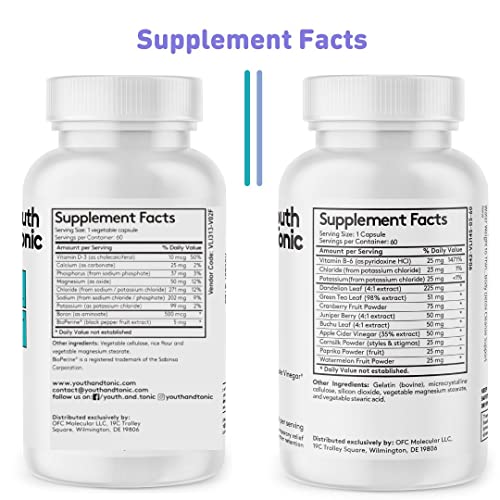 Youth & Tonic Fluid Pills & Mineral Electrolyte Support as Natural Diuretic Supplement for Swelling Water Retention & Temporary Water Weight Gain for Women & Men – 60 + 60 Capsules