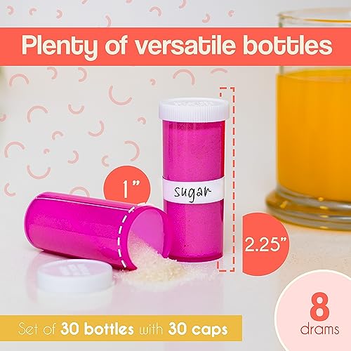 Top Class Ventures Pink Empty Pill Bottles with Caps – 30 Pack - Plastic Prescription Medicine Bottles – 8 Dram - Small Travel Size, Medication Organizer, Nurse Graduation Party Favors