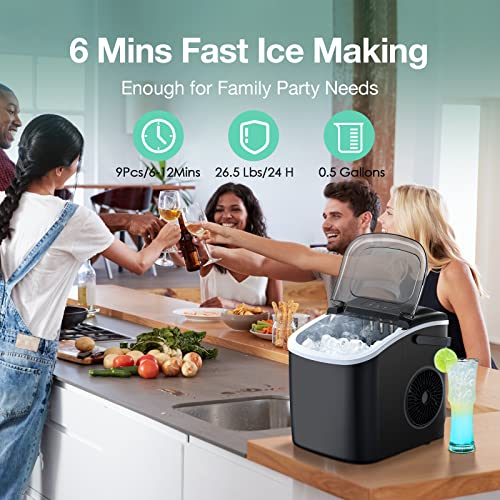 Countertop Ice Maker 6 Mins 9 Bullet Ice, 26.5lbs/24Hrs, Portable Ice Maker Machine with Self-Cleaning, Bags, Ice Scoop, and Basket, for Home/Kitchen/Office/Party
