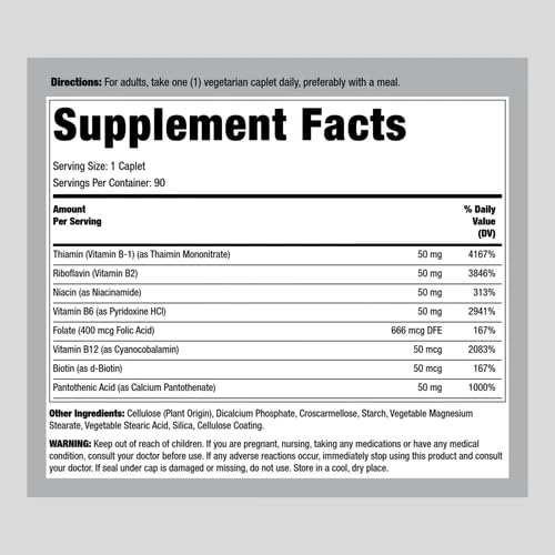 Lindberg Vitamin B Complex | 50mg | 90 Caplets | Balanced Formula | with Biotin and Folate | Non-GMO, Gluten Free, Vegetarian Supplement