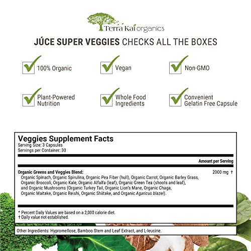 TERRA KAI ORGANICS Organic Super Veggies Supplement Gluten/Gelatin Free, Non GMO, Soy Free & Vegan | Green Superfood Capsules | 16 Vegetables (90 Count) (Veggies)