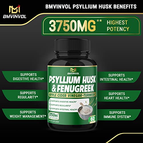 BMVINVOL Psyllium Husk Capsules 3750mg - Fenugreek, Apple Cider Vinegar, Turmeric - Fiber Supplement for Supports Digestive Health & Regularity (60Count)
